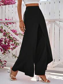 SHEIN VCAY Solid Wrap Hem Wide Leg Pants - Black - View 6