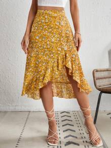 SHEIN VCAY Falda con estampado floral bajo con fruncido