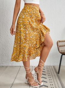 SHEIN VCAY Falda con estampado floral bajo con fruncido