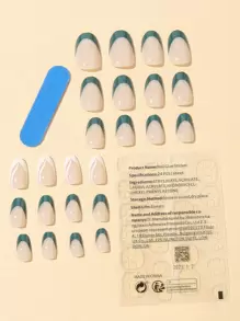 Elevate Your Style With 24pcs Long Almond Green French Color Block Fake Nail & 1sheet Tape & 1pc Nail File Press On Nails Nail Supplies