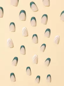 Elevate Your Style With 24pcs Long Almond Green French Color Block Fake Nail & 1sheet Tape & 1pc Nail File Press On Nails Nail Supplies