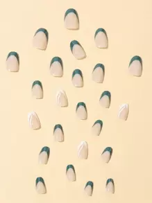 Elevate Your Style With 24pcs Long Almond Green French Color Block Fake Nail & 1sheet Tape & 1pc Nail File Press On Nails Nail Supplies