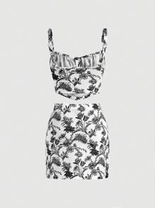 SHEIN MOD 印花前繫帶吊帶上衣和半身裙 - 黑與白 - 查看 2