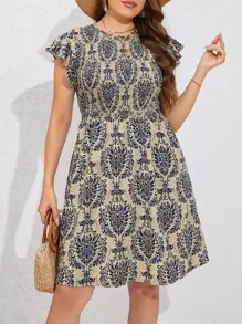 SHEIN Clasi Plus Allover Print Butterfly Sleeve Dress - Multicolor - View 1