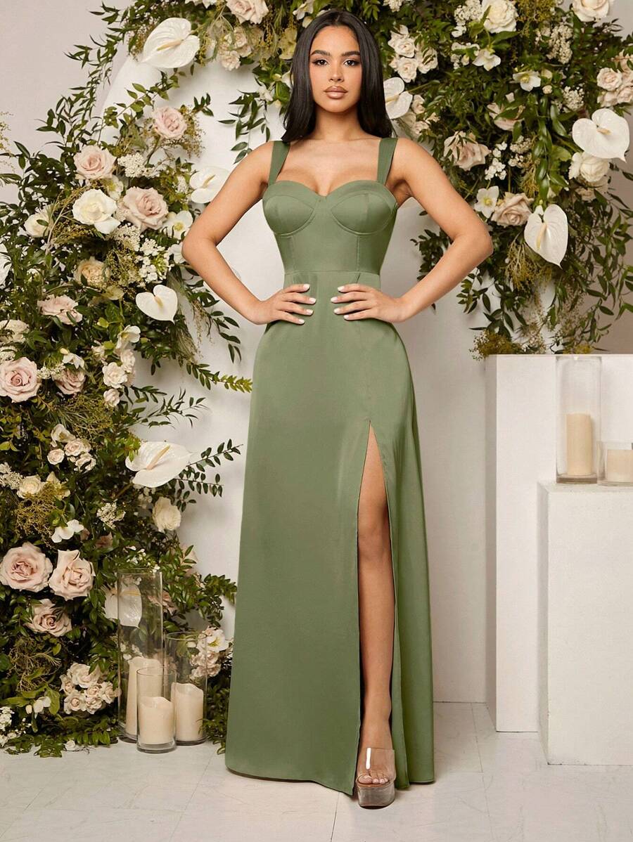 SHEIN Belle Split Thigh Bustier Cami Bridesmaid Elegant Dress - Army Green - View 1