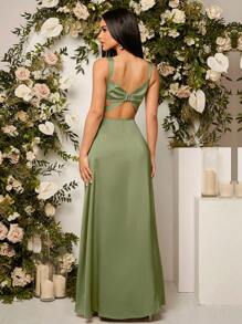 SHEIN Belle Split Thigh Bustier Cami Bridesmaid Elegant Dress - Army Green - View 2