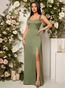 SHEIN Belle Split Thigh Bustier Cami Bridesmaid Elegant Dress - Army Green - View 6