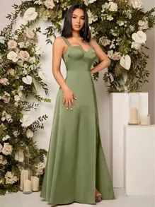 SHEIN Belle Split Thigh Bustier Cami Bridesmaid Elegant Dress - Army Green - View 7