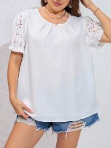 SHEIN Privé Plus Eyelet Embroidery Puff Sleeve Blouse - White - View 3