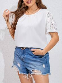 SHEIN Privé Plus Eyelet Embroidery Puff Sleeve Blouse - White - View 5