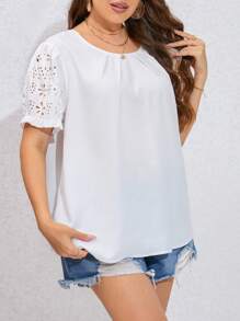 SHEIN Privé Plus Eyelet Embroidery Puff Sleeve Blouse - White - View 6