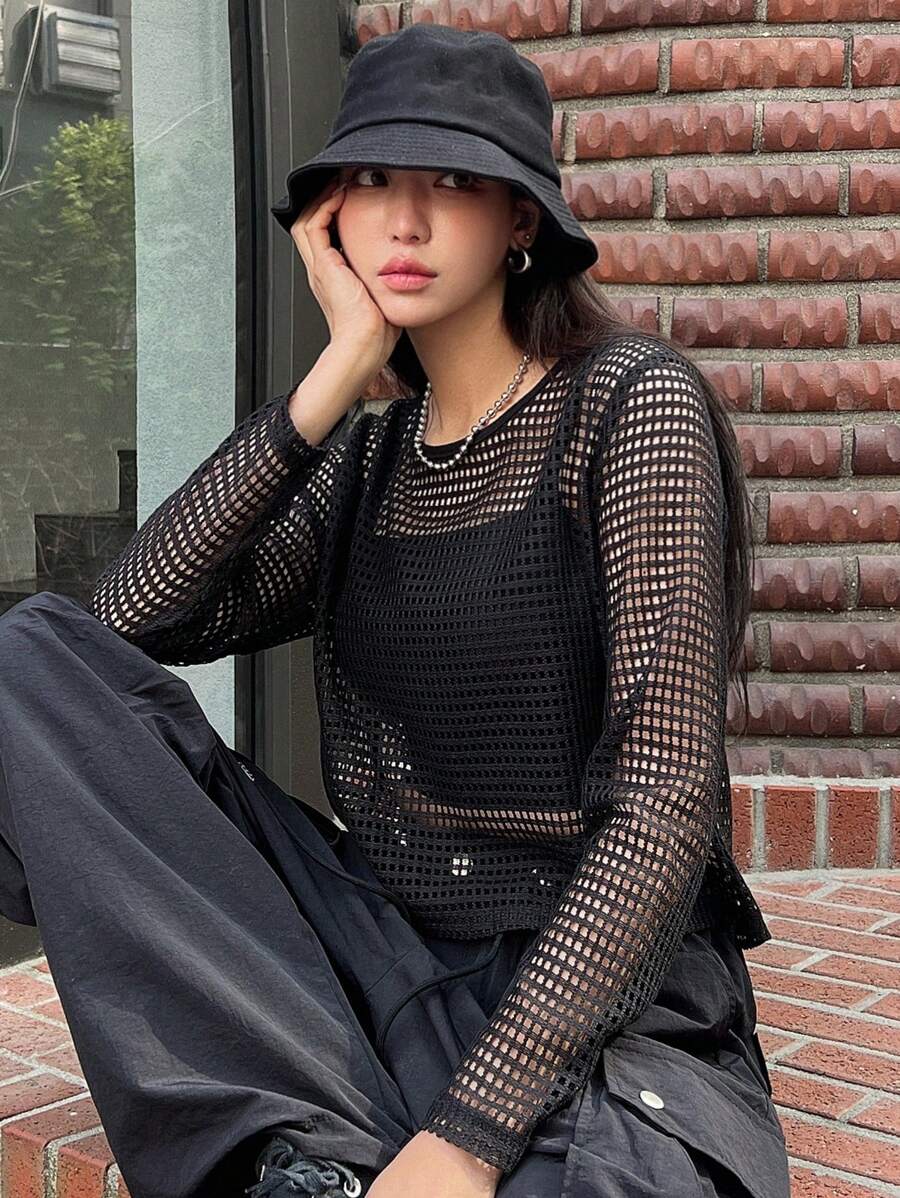 DAZY 中空上衣,不含cami Top - 黑色 - 查看 1