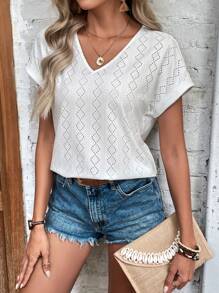 SHEIN Frenchy 素色蝙蝠袖V領T恤 - 白色 - 查看 6