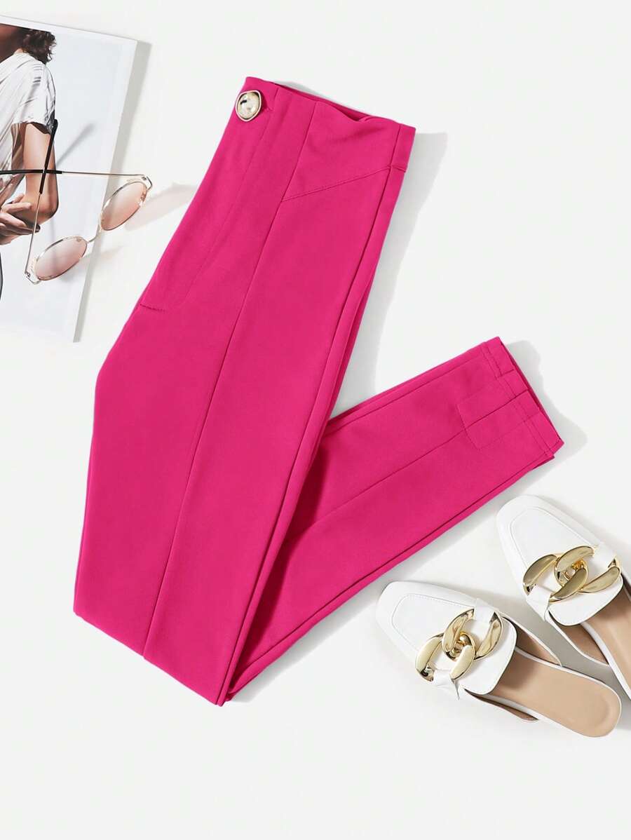 SHEIN LUNE 素色前接縫長褲 - 玫紅色 - 查看 1