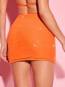 SHEIN BAE Long lanh xếp nếp phía trước Ruffle Trim Sequins Bodycon Váy - trái cam - Xem 2