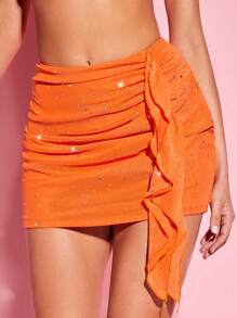 SHEIN BAE Long lanh xếp nếp phía trước Ruffle Trim Sequins Bodycon Váy - trái cam - Xem 6