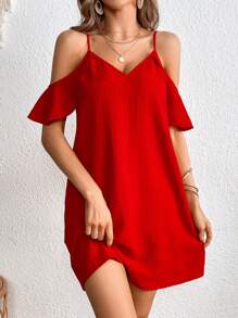 SHEIN VCAY Vestido túnico de hombros descubiertos unicolor - Rojo - Ver 3