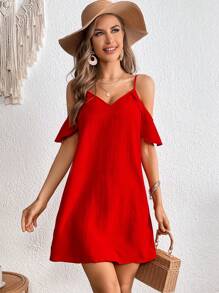 SHEIN VCAY Vestido túnico de hombros descubiertos unicolor - Rojo - Ver 6