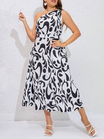 SHEIN Privé 大碼滿版圖案荷葉邊單肩連衣裙