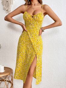 SHEIN VCAY Đầm Lộ Lưng Dây kéo Tách cao Thắt nơ trước Nếp gấp Phần Ngực Họa tiết hoa Boho - Màu vàng - Xem 1