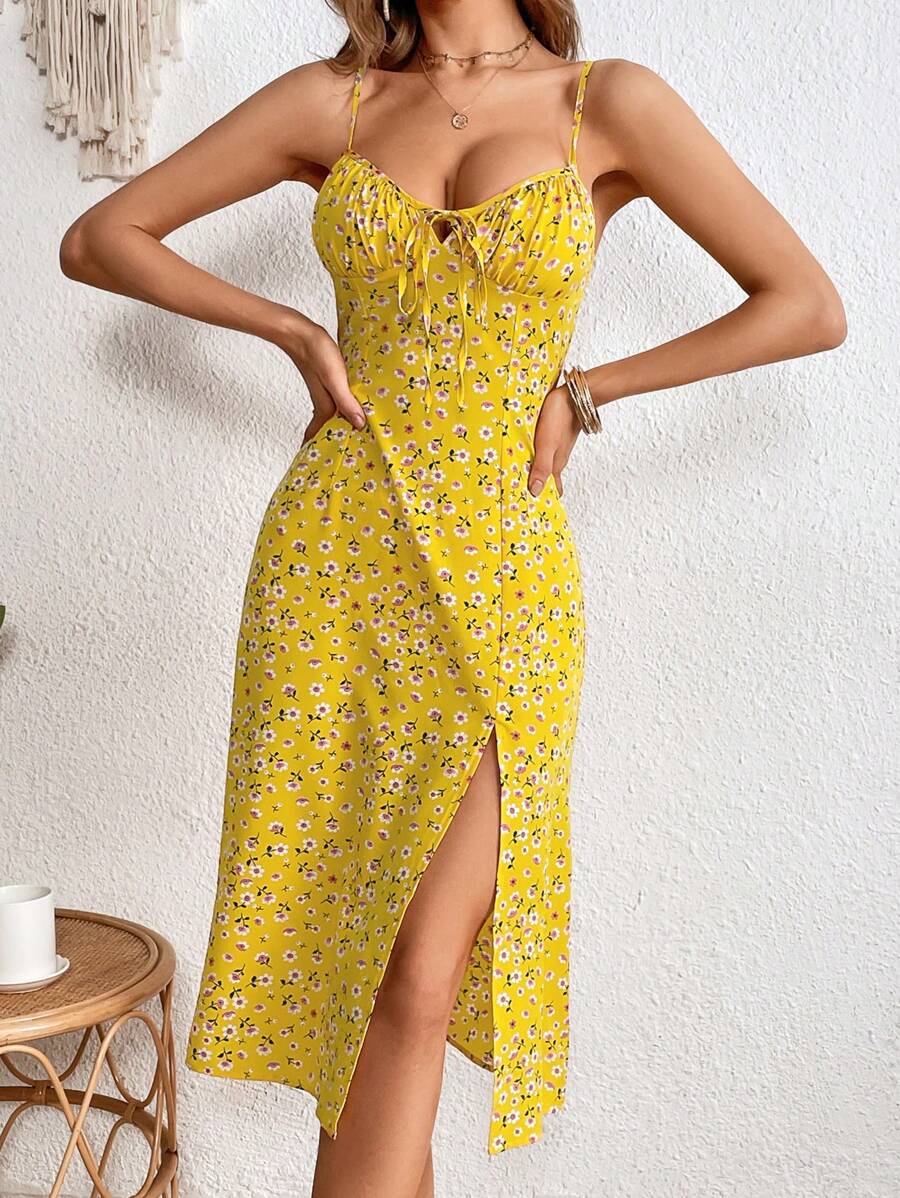 SHEIN VCAY Đầm Lộ Lưng Dây kéo Tách cao Thắt nơ trước Nếp gấp Phần Ngực Họa tiết hoa Boho - Màu vàng - Xem 1