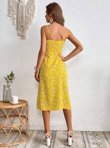 SHEIN VCAY Đầm Lộ Lưng Dây kéo Tách cao Thắt nơ trước Nếp gấp Phần Ngực Họa tiết hoa Boho - Màu vàng - Xem 2