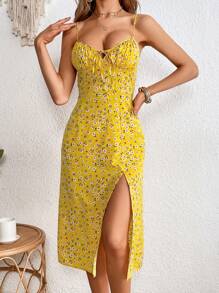 SHEIN VCAY Đầm Lộ Lưng Dây kéo Tách cao Thắt nơ trước Nếp gấp Phần Ngực Họa tiết hoa Boho - Màu vàng - Xem 4