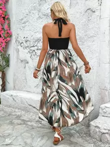 Breezaya Graphic Print Halter Neck Backless Dress Maxi Vacation Beach Outfits Women - Black - View 3