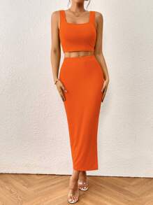 SHEIN Privé 素色背心上衣和高衩半身裙 - 橘色 - 查看 3