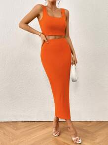 SHEIN Privé 素色背心上衣和高衩半身裙 - 橘色 - 查看 5