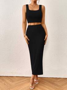 Chiquease Solid Tank Top & Split Thigh Skirt - Black - View 5