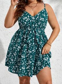 SHEIN VCAY Plus Ditsy Floral Print Belted Cami Dress - Multicolor - View 2
