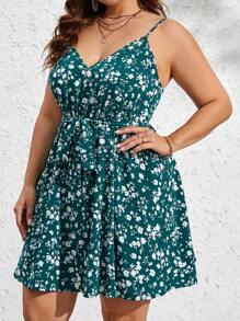 SHEIN VCAY Plus Ditsy Floral Print Belted Cami Dress - Multicolor - View 4