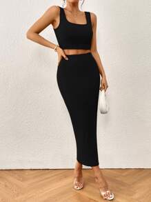 Chiquease Solid Tank Top & Split Thigh Skirt - Black - View 7