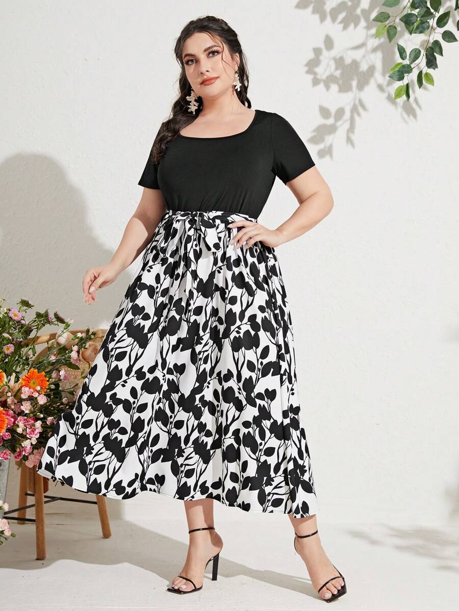 Mulvari Plus Leaf Print Belted Dress | SHEIN USA