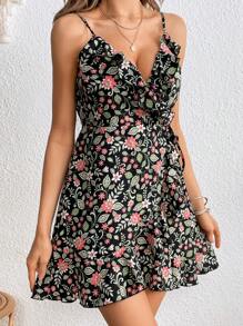 SHEIN VCAY Floral Print Ruffle Trim Cami Dress
