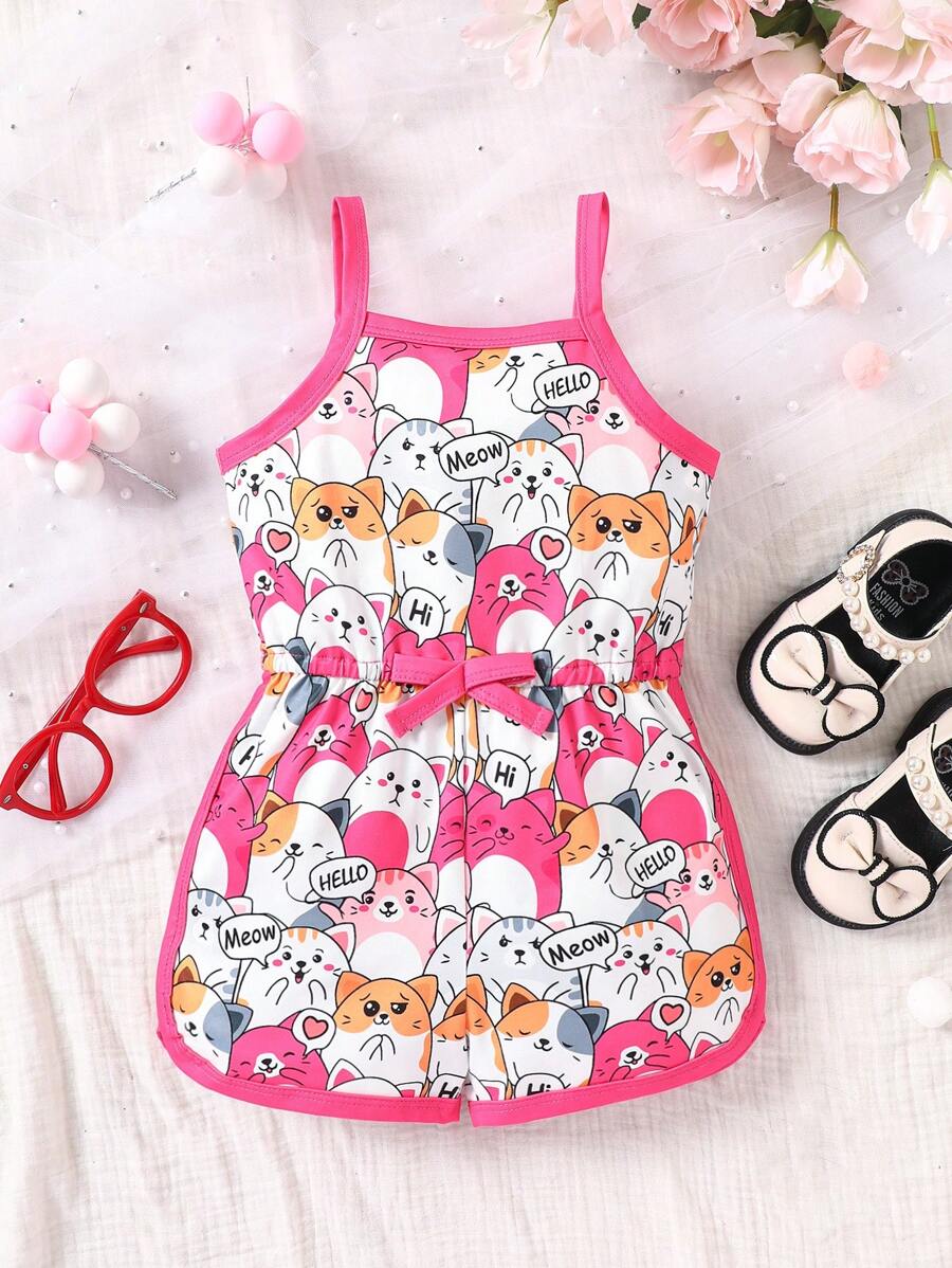 嬰兒卡通圖案撞色滾邊吊帶連體短褲 - 彩色 - 查看 1