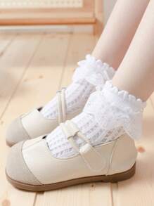 1pair Baby Girl Ruffle Trim Breathable Crew Socks - White - View 1