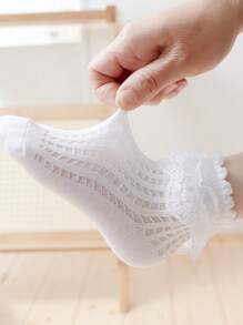 1pair Baby Girl Ruffle Trim Breathable Crew Socks - White - View 2