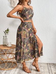 SHEIN VCAY Bộ đồ hai mảnh nữ Buộc lại Tách cao Nhiệt đới Tất cả trên in Boho - Nhiều màu - Xem 3