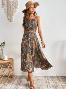 SHEIN VCAY Bộ đồ hai mảnh nữ Buộc lại Tách cao Nhiệt đới Tất cả trên in Boho - Nhiều màu - Xem 6