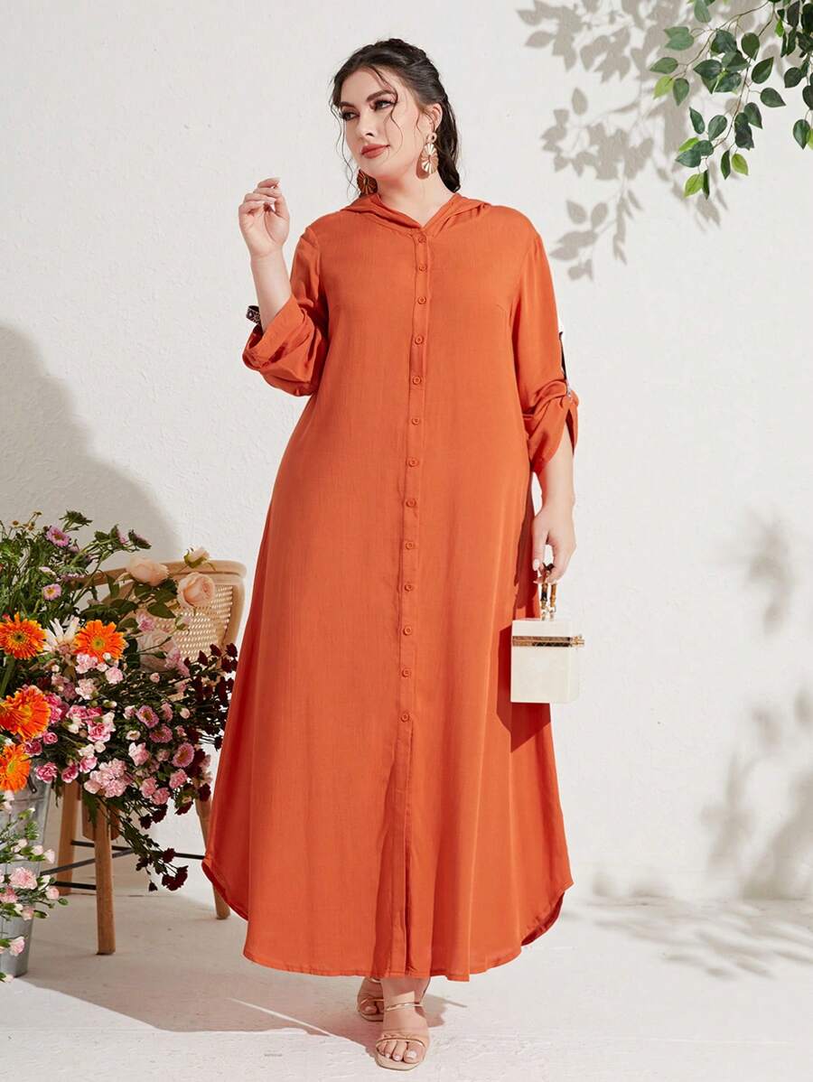 Seusyu 大碼捲邊袖弧形下擺連帽阿拉伯連衣裙 - 橘色 - 查看 1