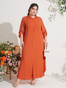 Seusyu 大碼捲邊袖弧形下擺連帽阿拉伯連衣裙 - 橘色 - 查看 3