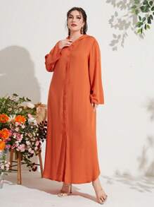 Seusyu 大碼捲邊袖弧形下擺連帽阿拉伯連衣裙 - 橘色 - 查看 5