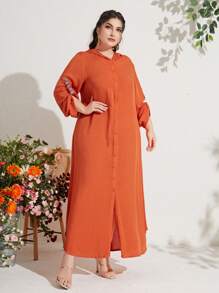Seusyu 大碼捲邊袖弧形下擺連帽阿拉伯連衣裙 - 橘色 - 查看 6