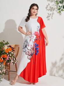 Mulvari 大碼印花撞色不對稱下擺連衣裙 - 紅白色 - 查看 1