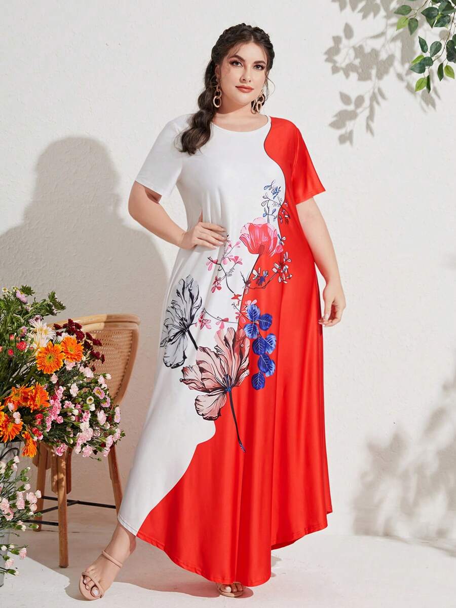 Mulvari 大碼印花撞色不對稱下擺連衣裙 - 紅白色 - 查看 1