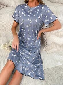 Đầm Ngủ Họa Tiết Hoa Rau Diếp Viền Ren Viền Váy Ngủ - Màu xanh bụi bặm - Xem 1