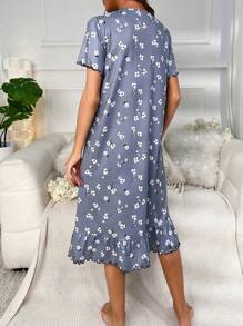 Đầm Ngủ Họa Tiết Hoa Rau Diếp Viền Ren Viền Váy Ngủ - Màu xanh bụi bặm - Xem 2