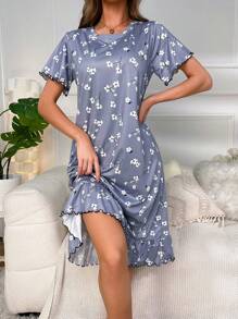 Đầm Ngủ Họa Tiết Hoa Rau Diếp Viền Ren Viền Váy Ngủ - Màu xanh bụi bặm - Xem 4